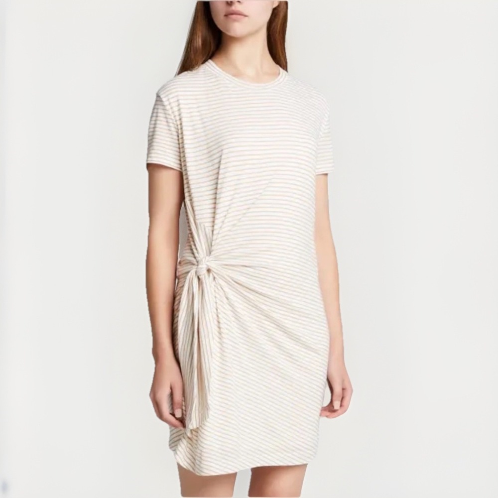 Vince Side Tie T-Shirt Dress Size XS Cream & Tan Stripes Lined Short Sleeve